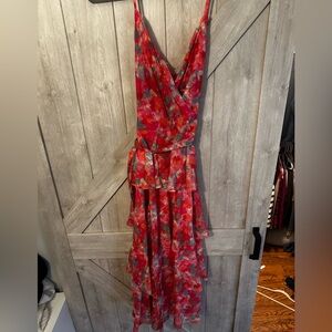 Adelyn Rae Red Floral One-Shoulder Tiered Maxi Dress